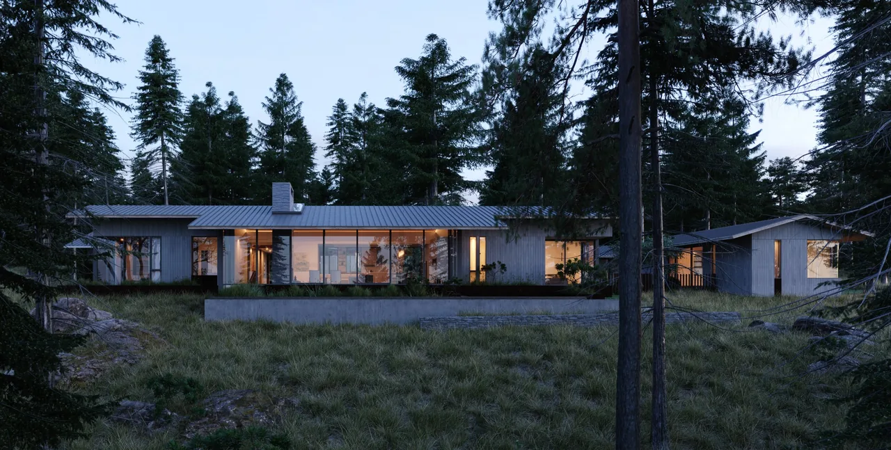 Modern single-story house with large floor-to-ceiling windows and metal roof surrounded by tall trees at dusk.