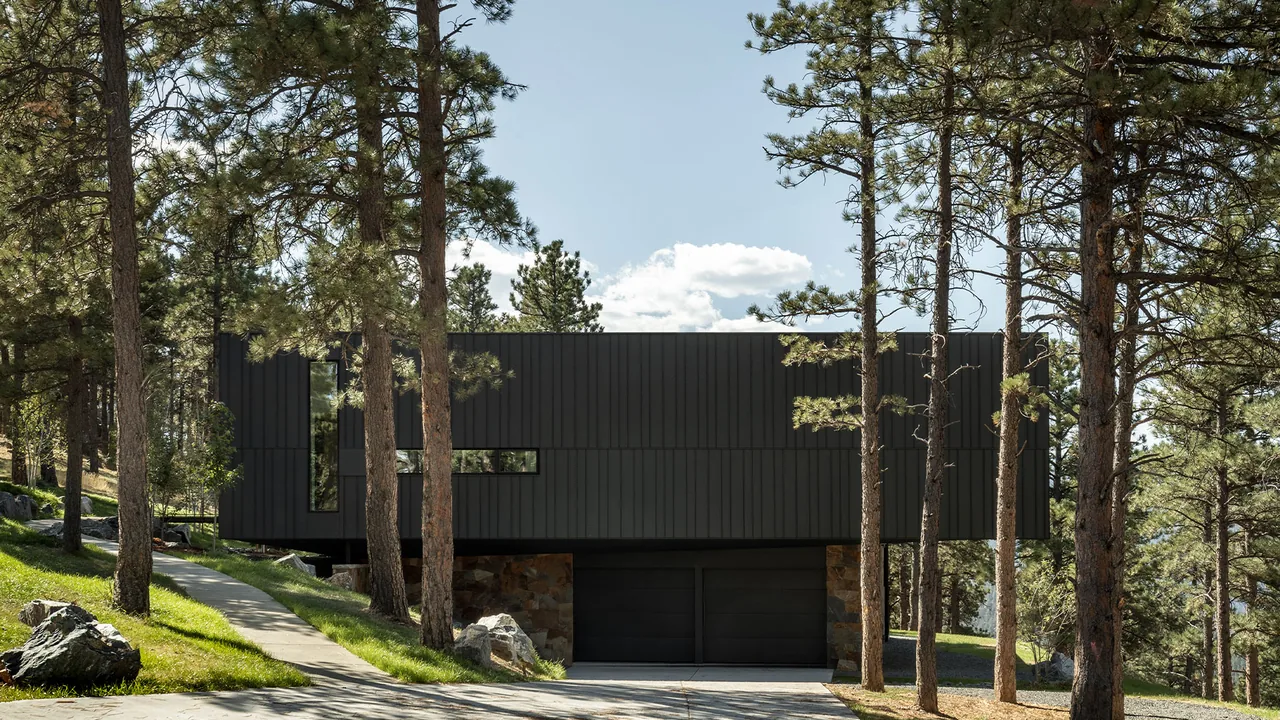 Modern two-story house with dark vertical siding elevated above a stone-clad garage, surrounded by pine trees in a forested setting.