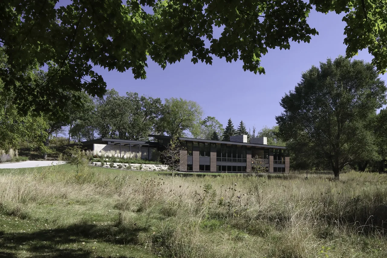Modern Art & Music House set in a natural grassy landscape with large trees under a clear sky.