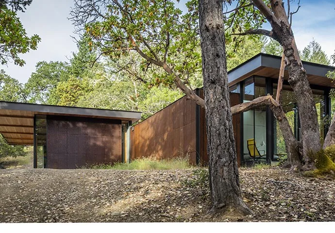 Exterior view of a modern ranch house with trees in the foreground on a sloped ground.