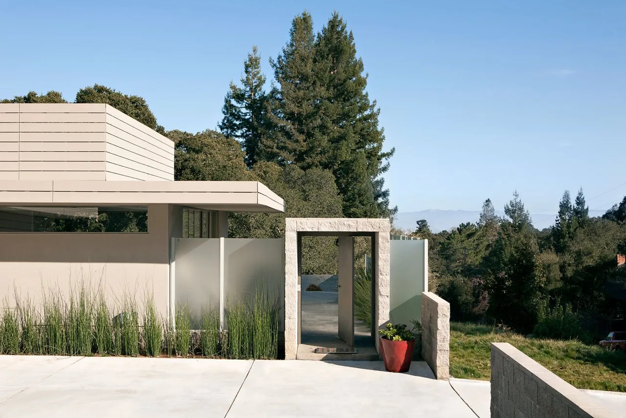 Exterior front view of a modern flat-roofed house with a stone framed doorway and frosted glass panels.