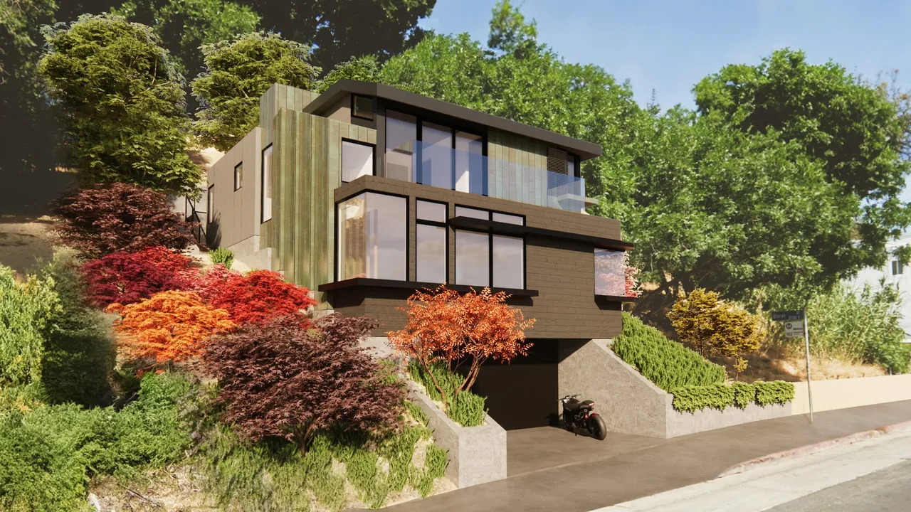 Modern house on a hillside with large black window frames and a concrete driveway.