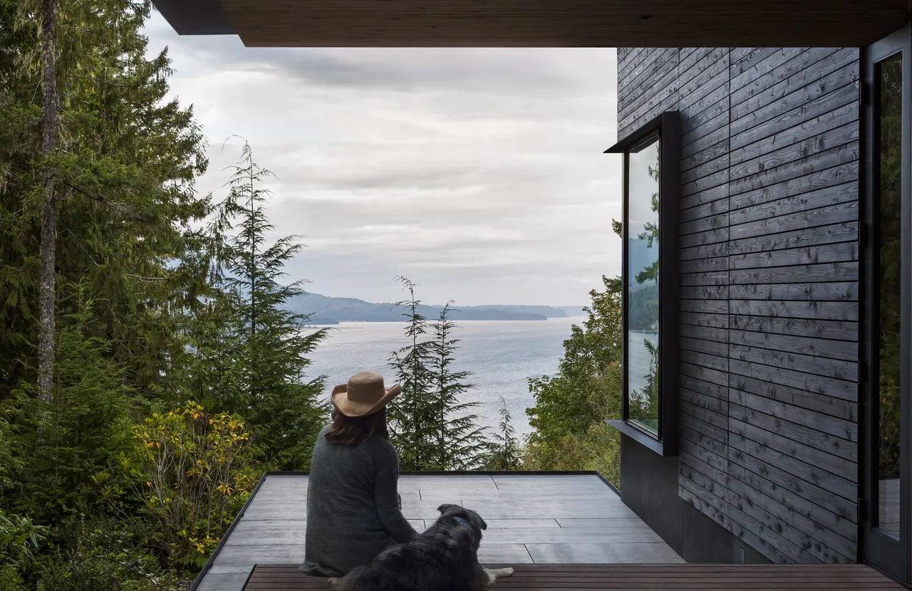 A person wearing a hat sits on a wooden deck next to a dog, overlooking a forested hillside and a large body of water under a cloudy sky.