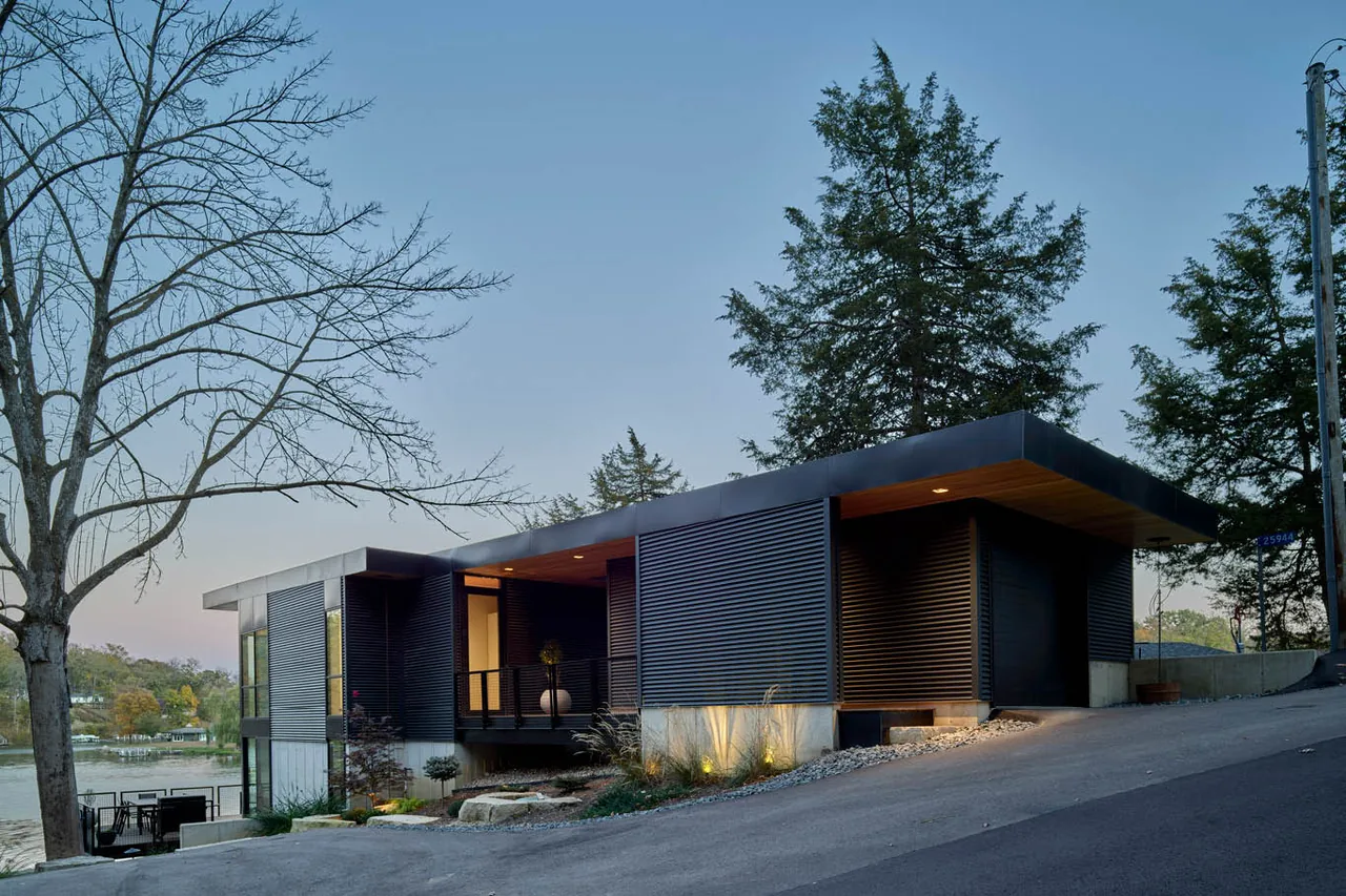 Modern house exterior with dark horizontal siding, flat roof, and large trees around at dusk.