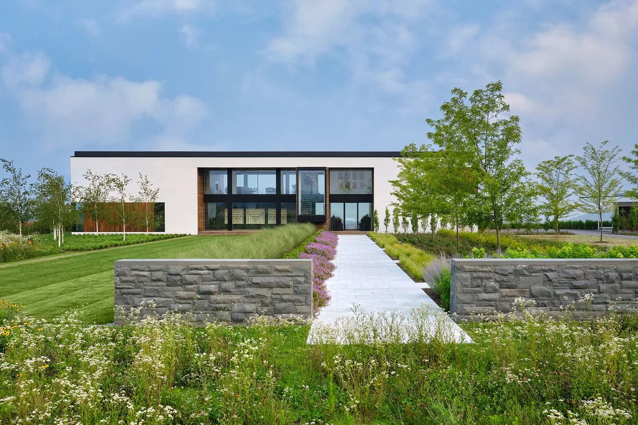 Modern rectangular white house with large black-framed windows and pathway through landscaped garden