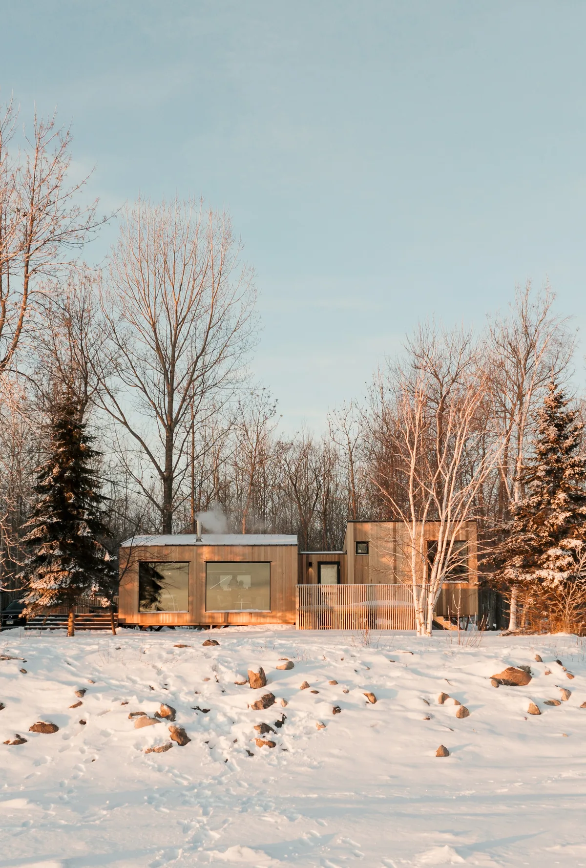 A modern, wood-paneled house sits in a snowy landscape with leafless trees around it.