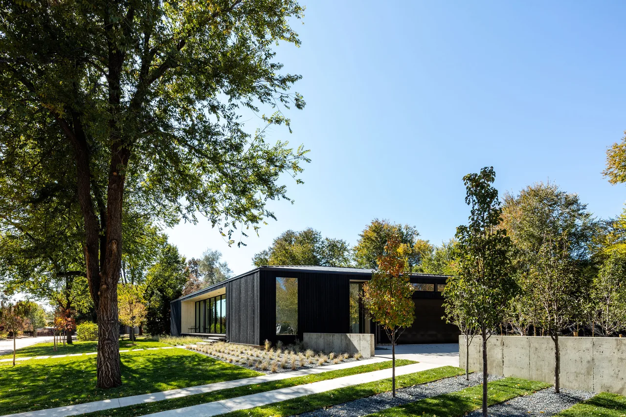 Single-story modern house with black wood siding and large windows surrounded by trees and lawn.