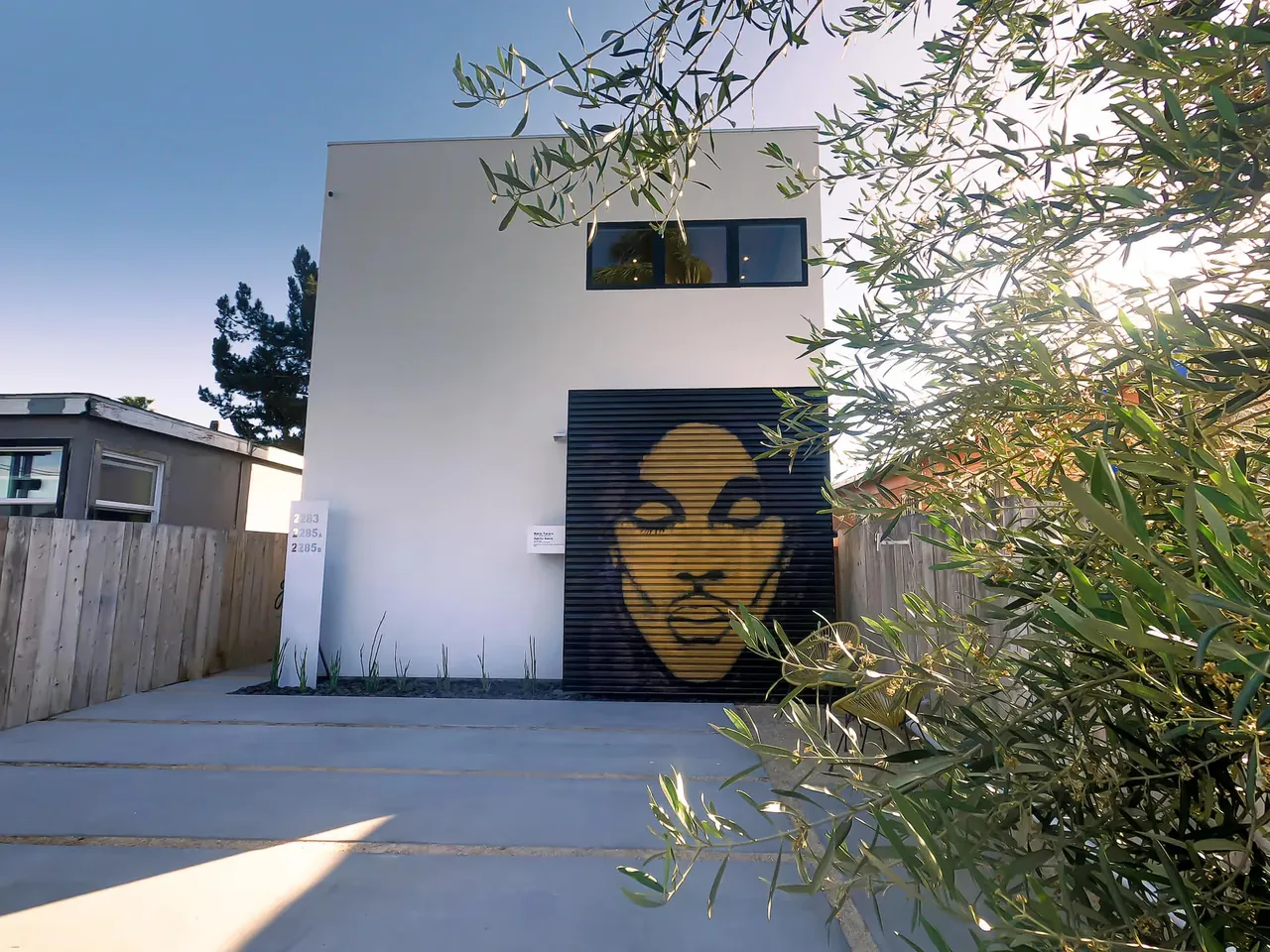 Front view of a modern two-story white ADU with a flat roof and a large black garage door featuring gold face art.