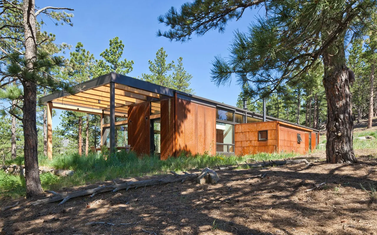 Single-story modern cabin with a metal roof and rust-colored exterior panels set in a wooded landscape.