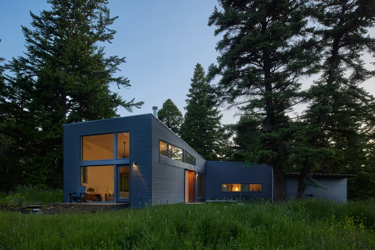 Modern corrugated metal clad house in a forested setting during dusk with illuminated interior.