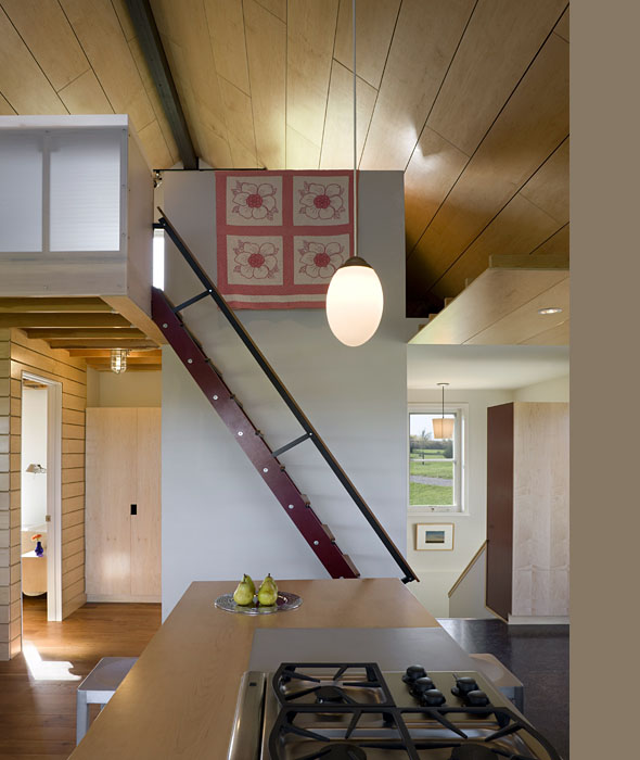 Kitchen area featuring a wood-paneled ceiling and a slanted staircase from the Murray Hill Townhouse project.