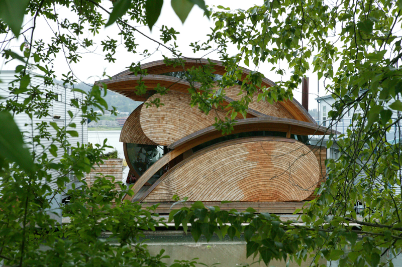 Fennel Residence with curved wood-clad exterior walls viewed through trees.