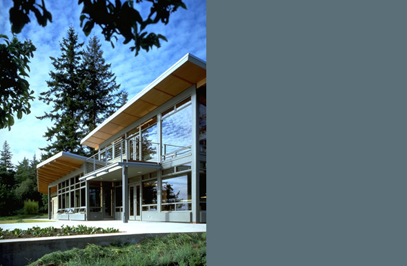 Modern two-story residence featuring floor-to-ceiling glazing and flat overhanging roofs.