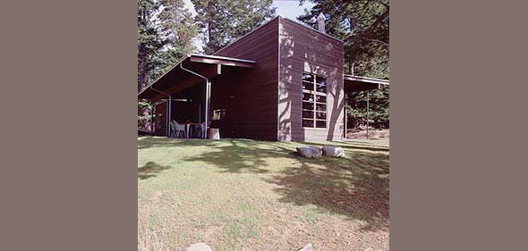 Modern single-story house with large windows and covered patio in a wooded setting.