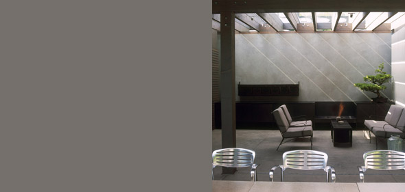 Courtyard with seating and fire pit beneath a skylight structure.
