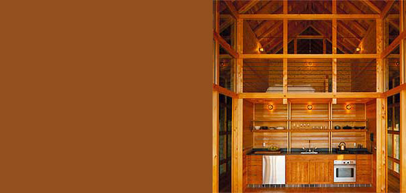 Mount Vernon kitchen interior by Suyama Peterson Deguchi showcases exposed wooden beams and timber joinery.