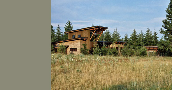 Mountain Meadow House by Clinkston Brunner Architects features wood siding and a distinctive sloped roof amid natural landscaping.