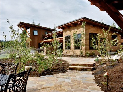 Mountain Meadow House features wood siding and a stone pathway with landscaping including young trees.