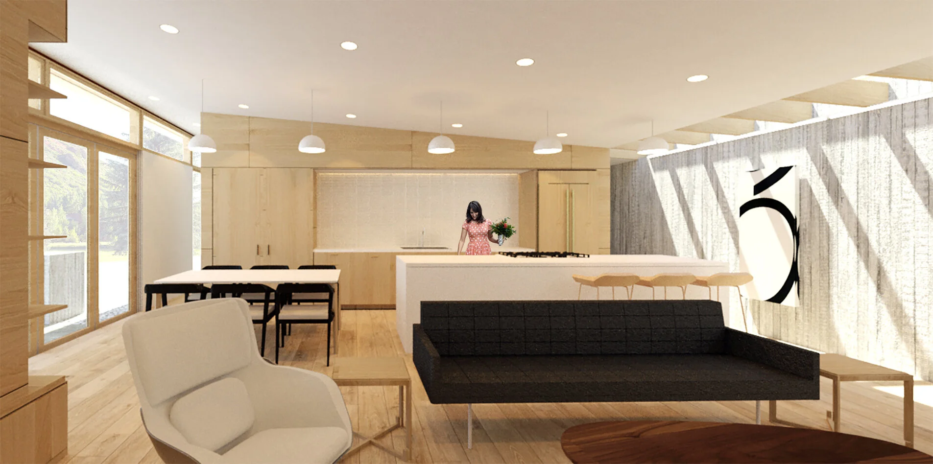 Meadowood Guesthouse open living and kitchen space features natural wood finishes and a textured concrete feature wall.