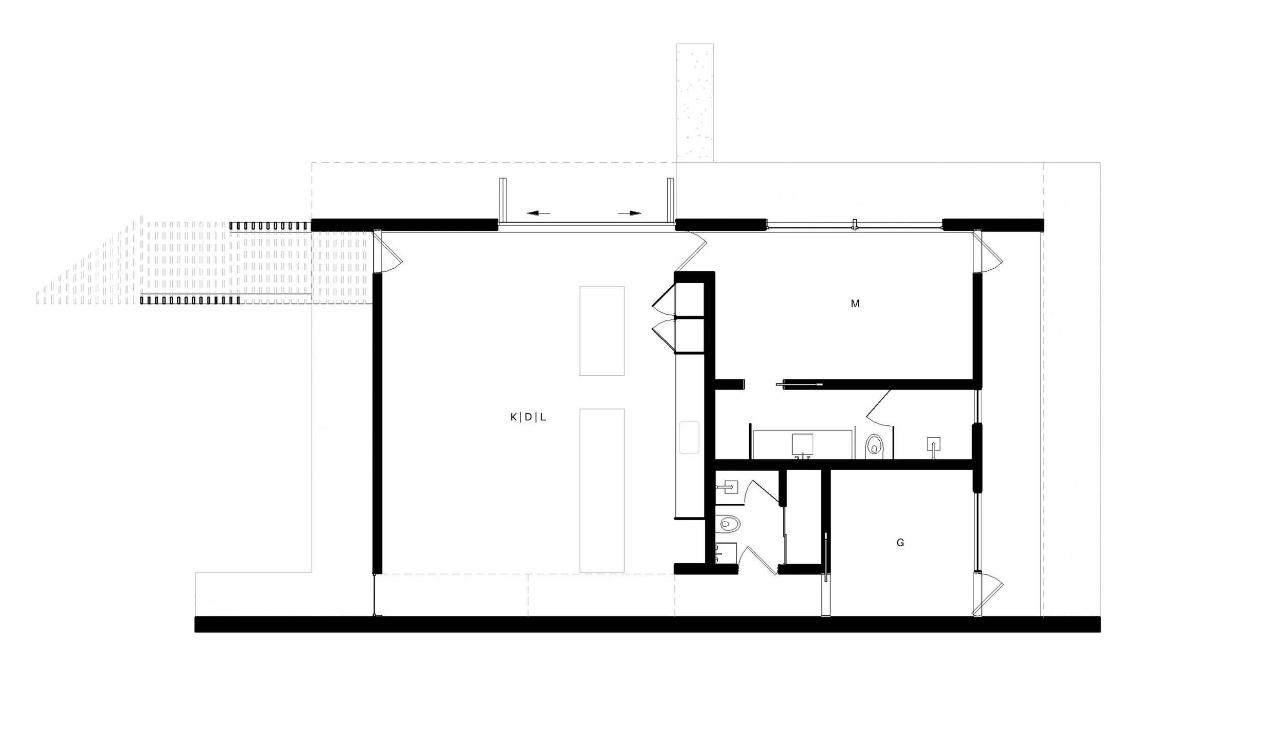 Floor plan of the Meadowood Guesthouse illustrating the arrangement of rooms and key architectural features.