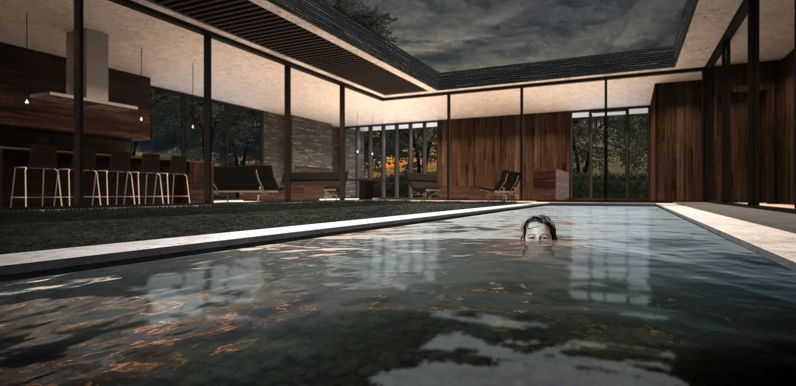 A modern indoor pool area with floor-to-ceiling glazing and wood-paneled walls is shown during dusk, with outdoor seating visible.