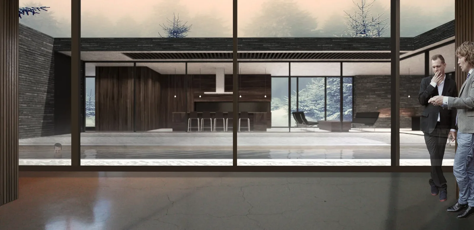 Interior view through floor-to-ceiling windows towards a courtyard with pool and modern kitchen with dark wood cabinetry.
