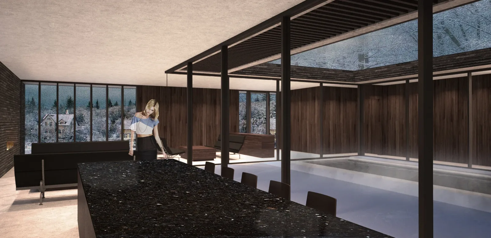 Interior of Brick House featuring dark wood walls, large windows, and a black stone dining table overlooking an indoor pool.