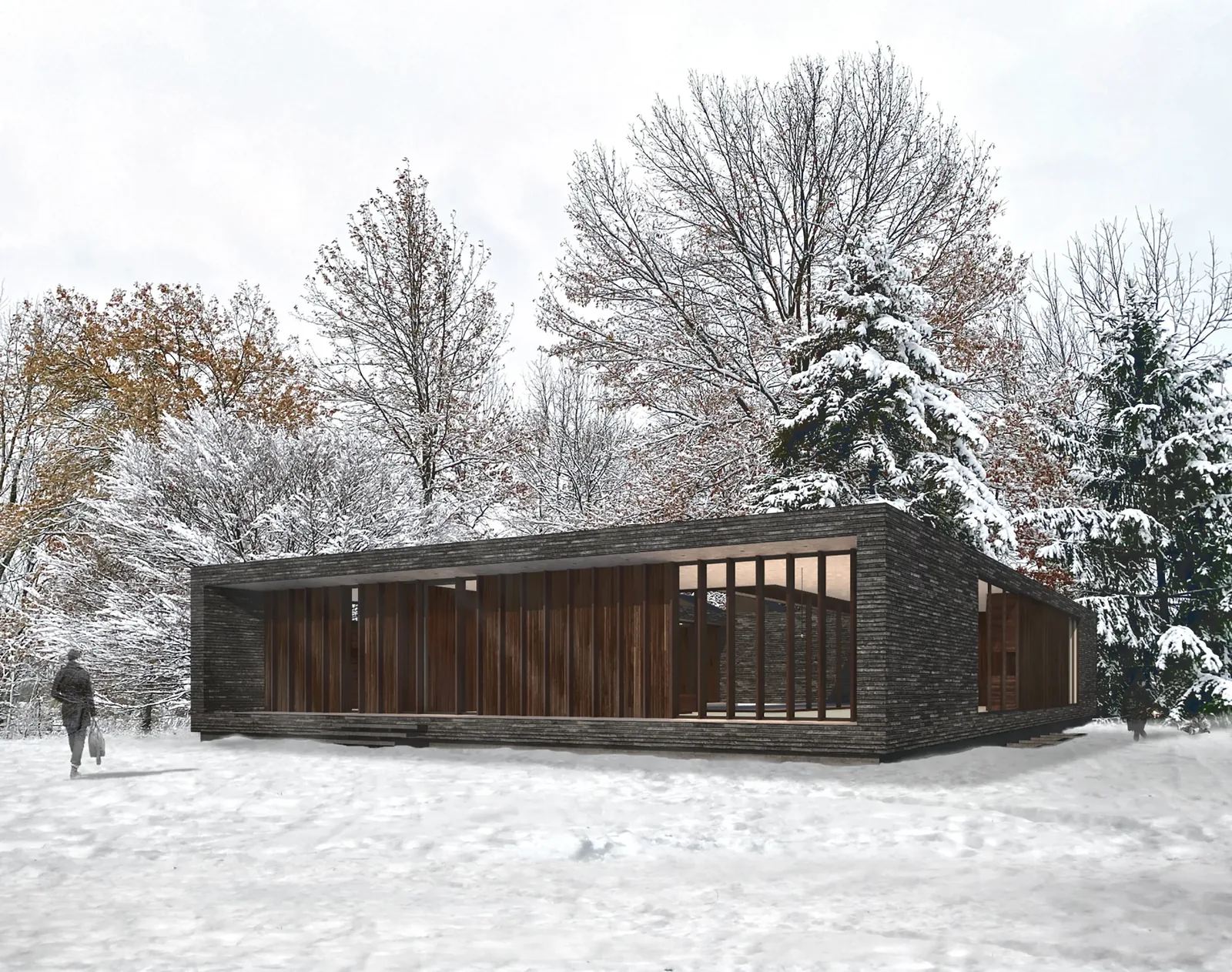 Modern single story brick house with large vertical windows in a snowy wooded setting.