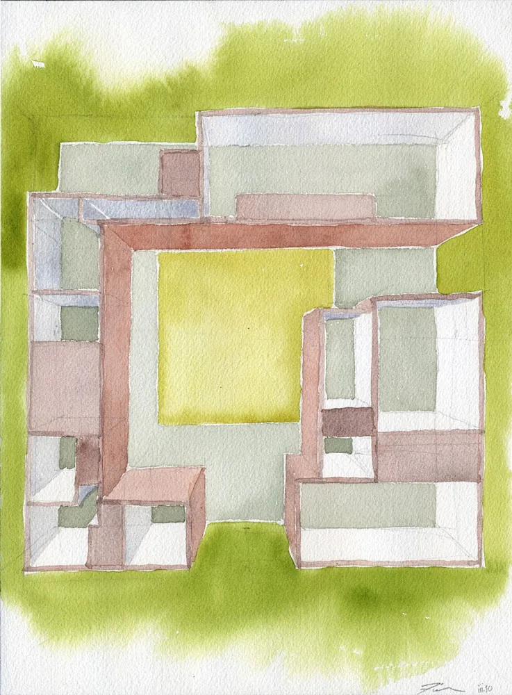 Watercolor plan showing the U-shaped layout of the Santa Ynez Residence with a central open courtyard.