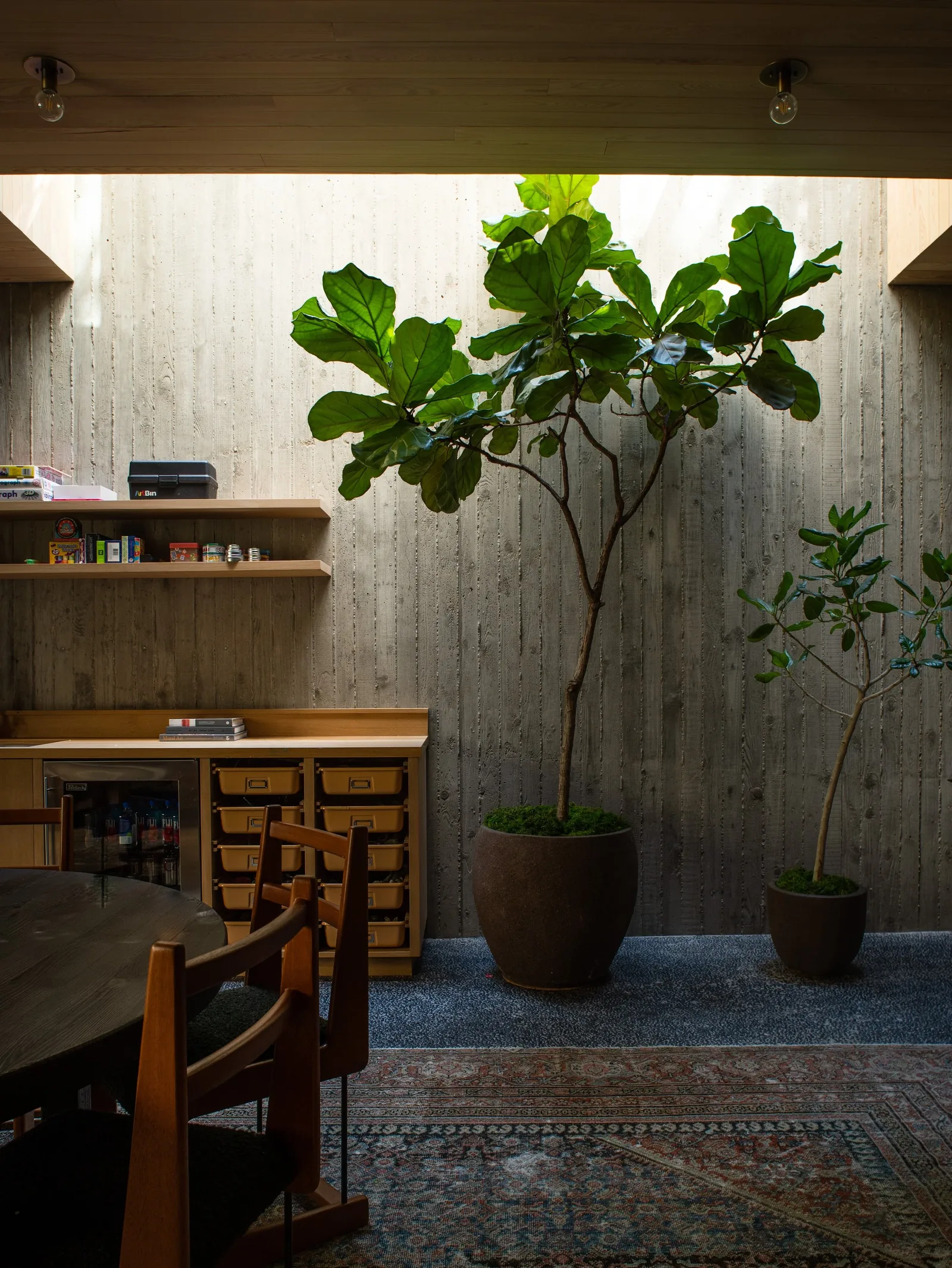 Interior courtyard features large potted plants with natural light from above and wooden cabinetry.