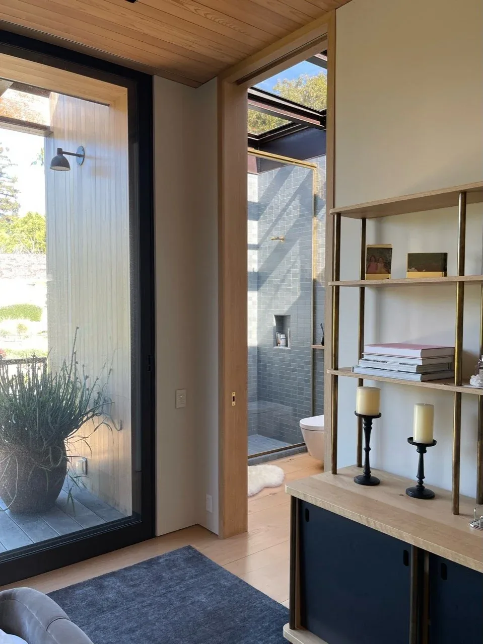 Interior showing a transition from a living area to a bathroom with gray tiled shower and skylight.