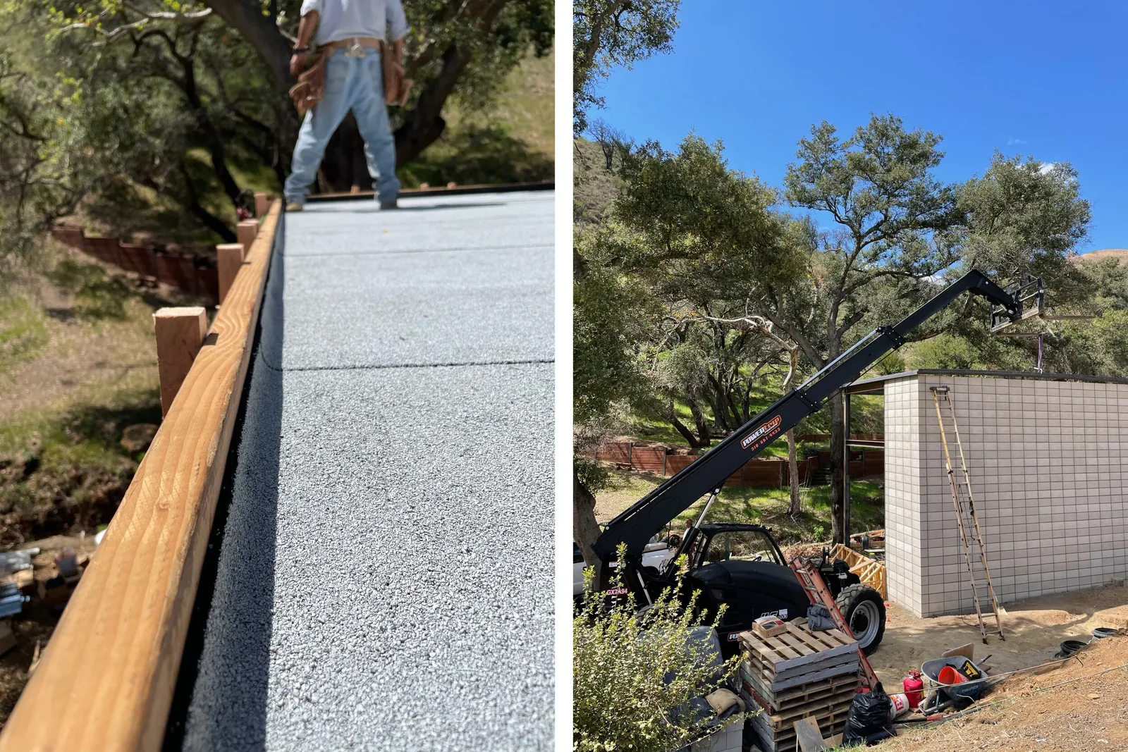 Construction site showing roofing detail with wooden beam and gravel surface, next to a concrete block building under blue sky.