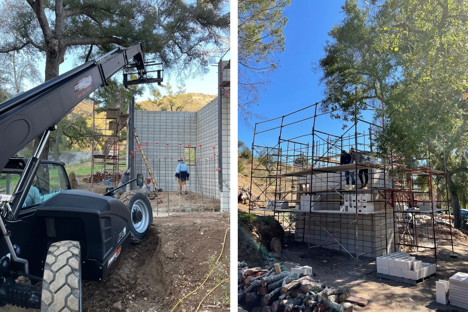 Construction progress on a project with block walls and scaffolding in a rural, wooded hill setting.