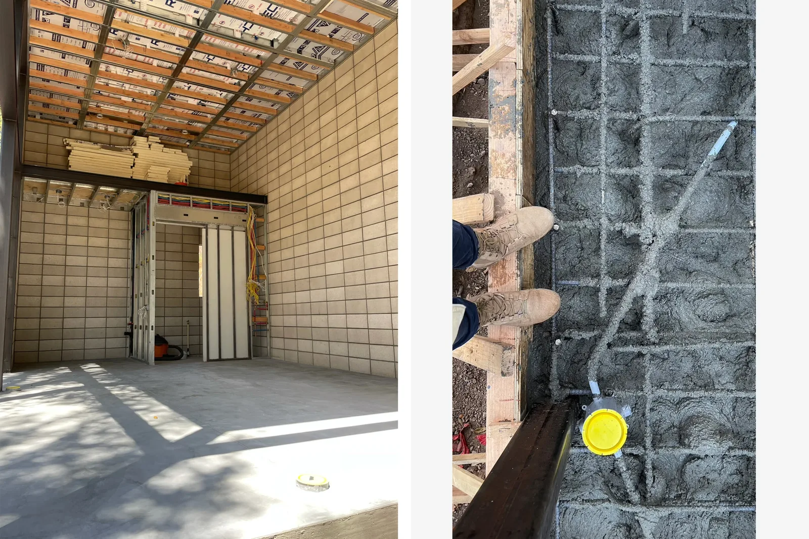 Two construction site images showing a concrete block wall interior with exposed ceiling framing and a footing area with rebar and concrete.