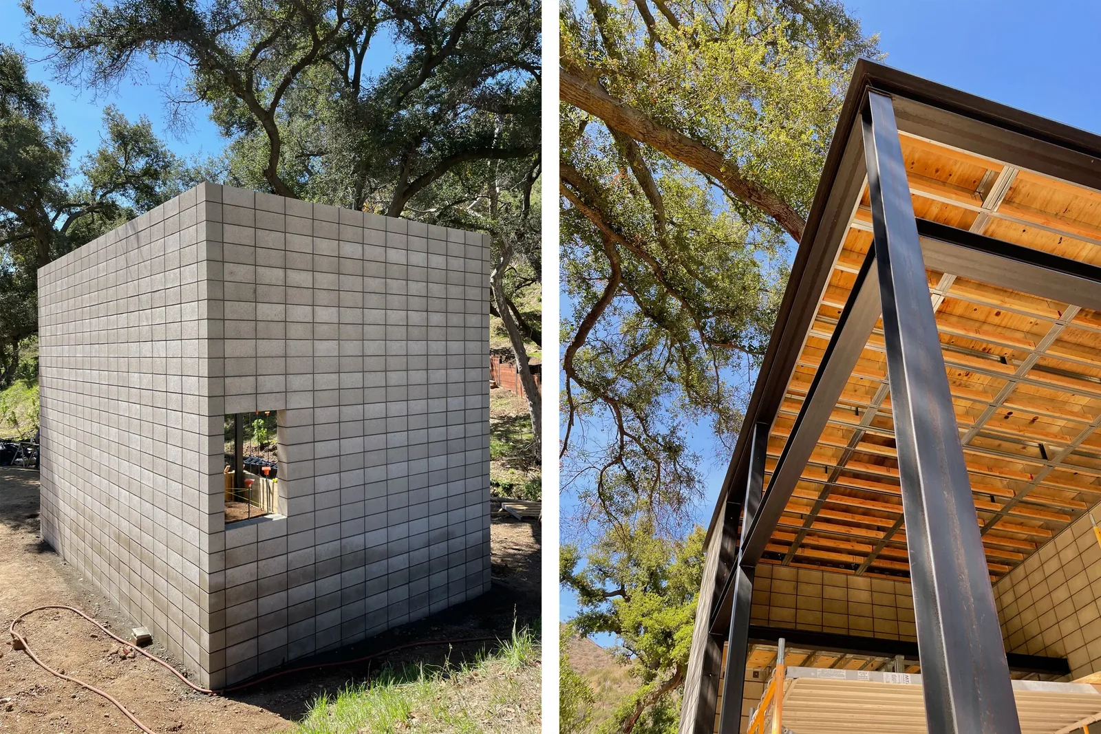 This project features cinder block construction with steel framing in a rural, wooded landscape.