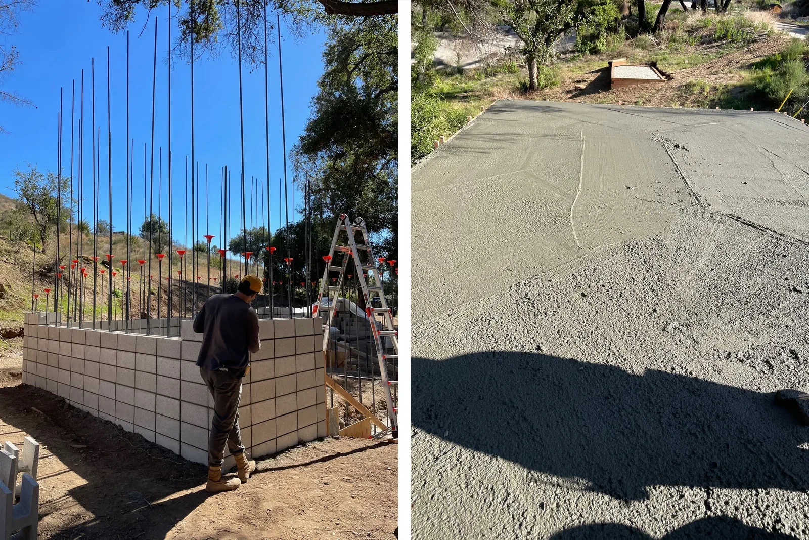 Construction of a concrete block wall with vertical rebar rods and nearby freshly poured concrete slab part of the foundation work.