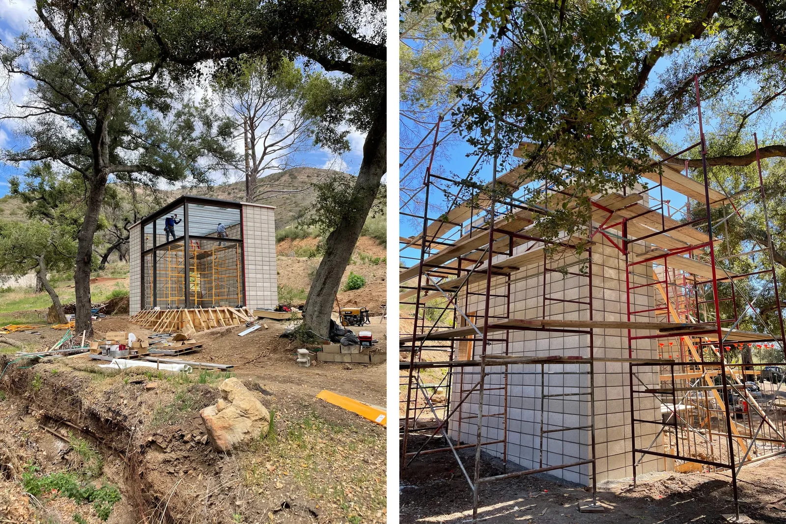 The project features concrete block walls and steel frame scaffolding on a construction site with gravel surfaces and nearby hills.