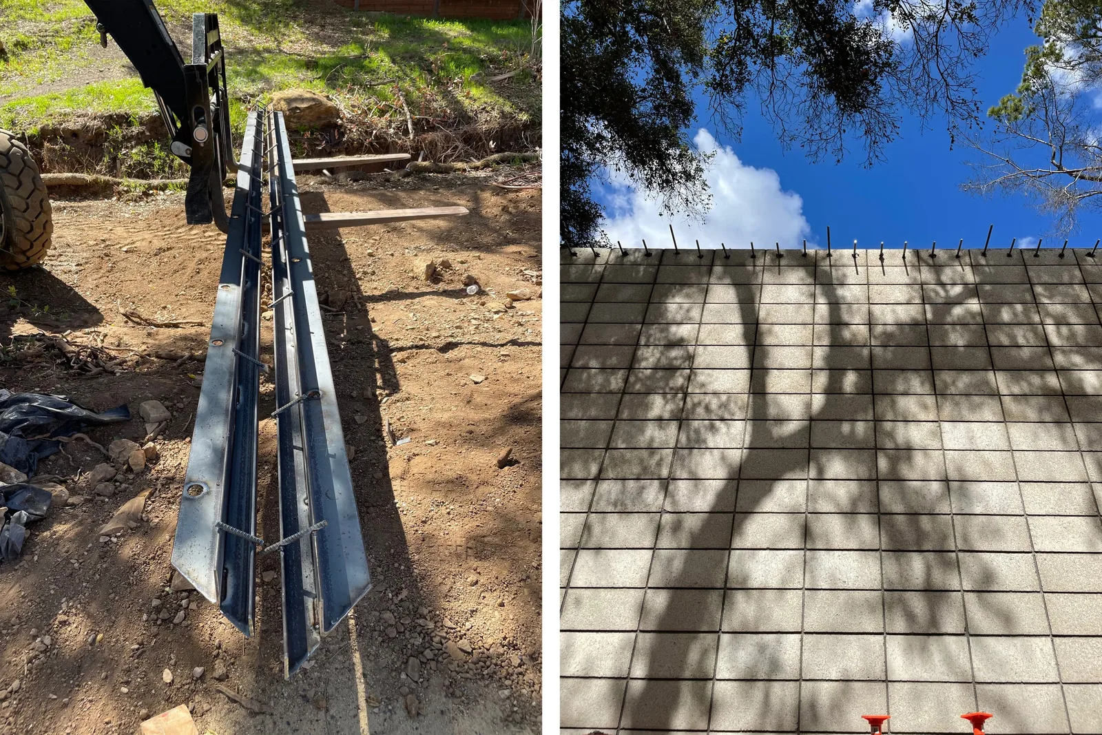 Steel rebar forms on the ground and a concrete block wall under construction at a site with tree shadows.