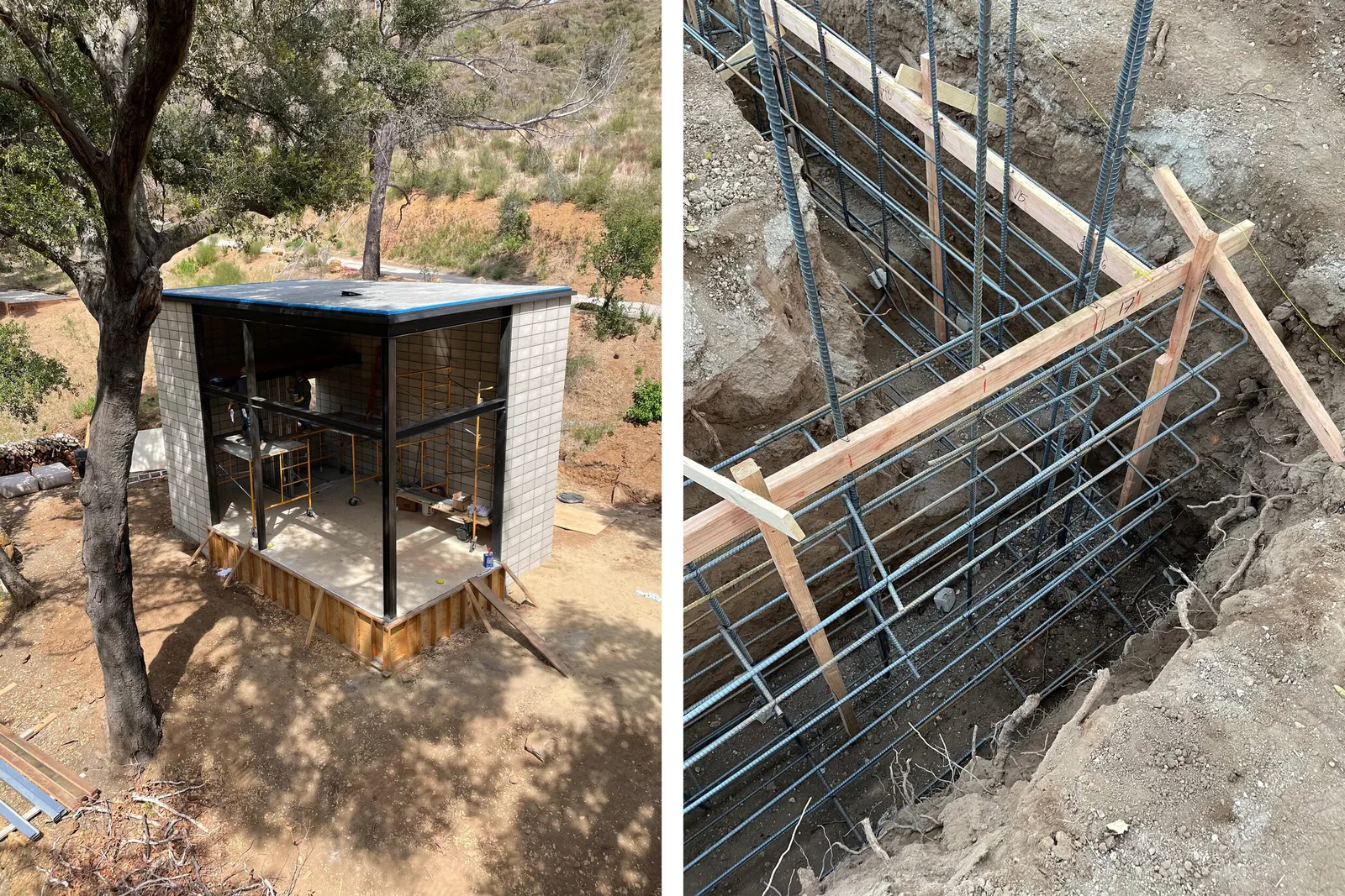 Early construction phase of a small building with cinder block walls, steel beams, and wood roof decking in a rural hillside setting.