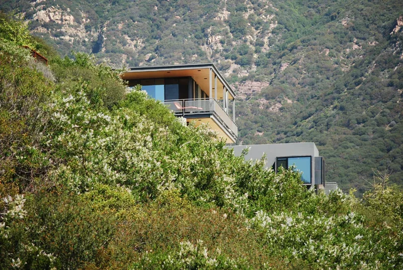 Modern house with large windows set into a hillside surrounded by natural vegetation.