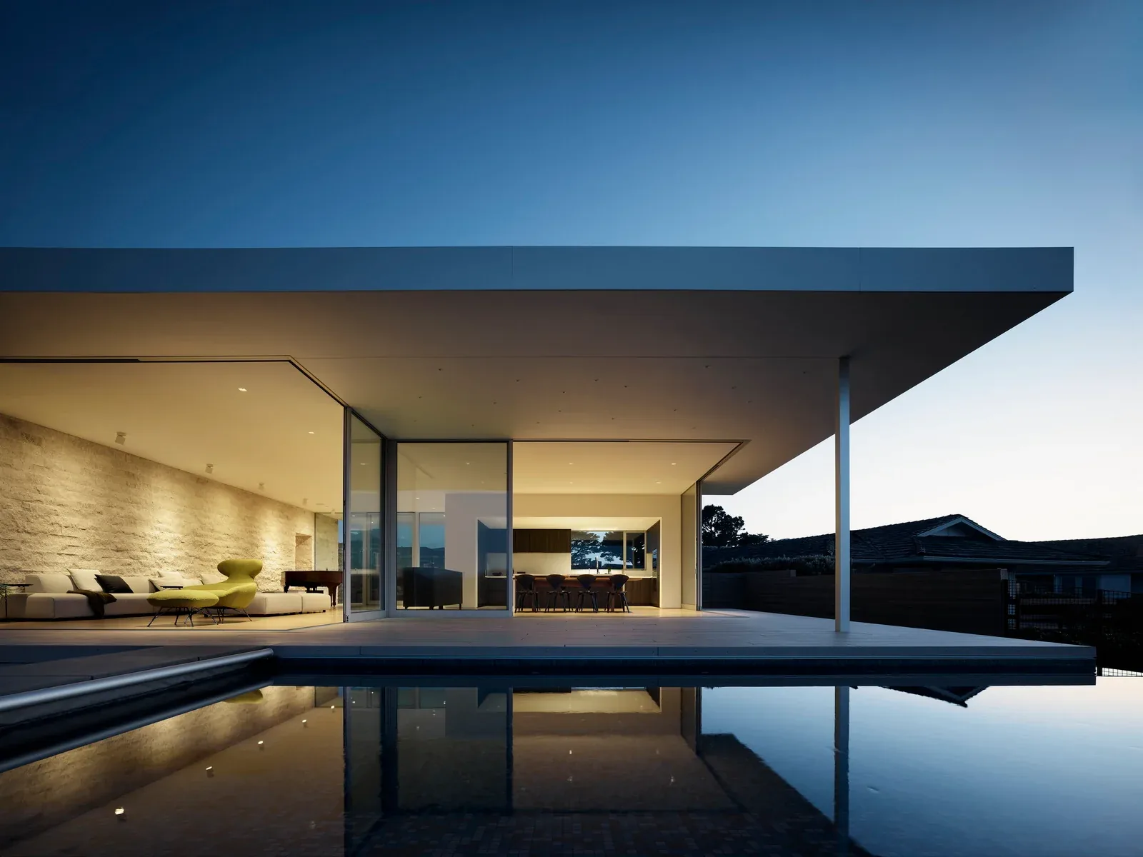 View of a modern house with glass walls, a cantilevered roof, and an outdoor pool at dusk.