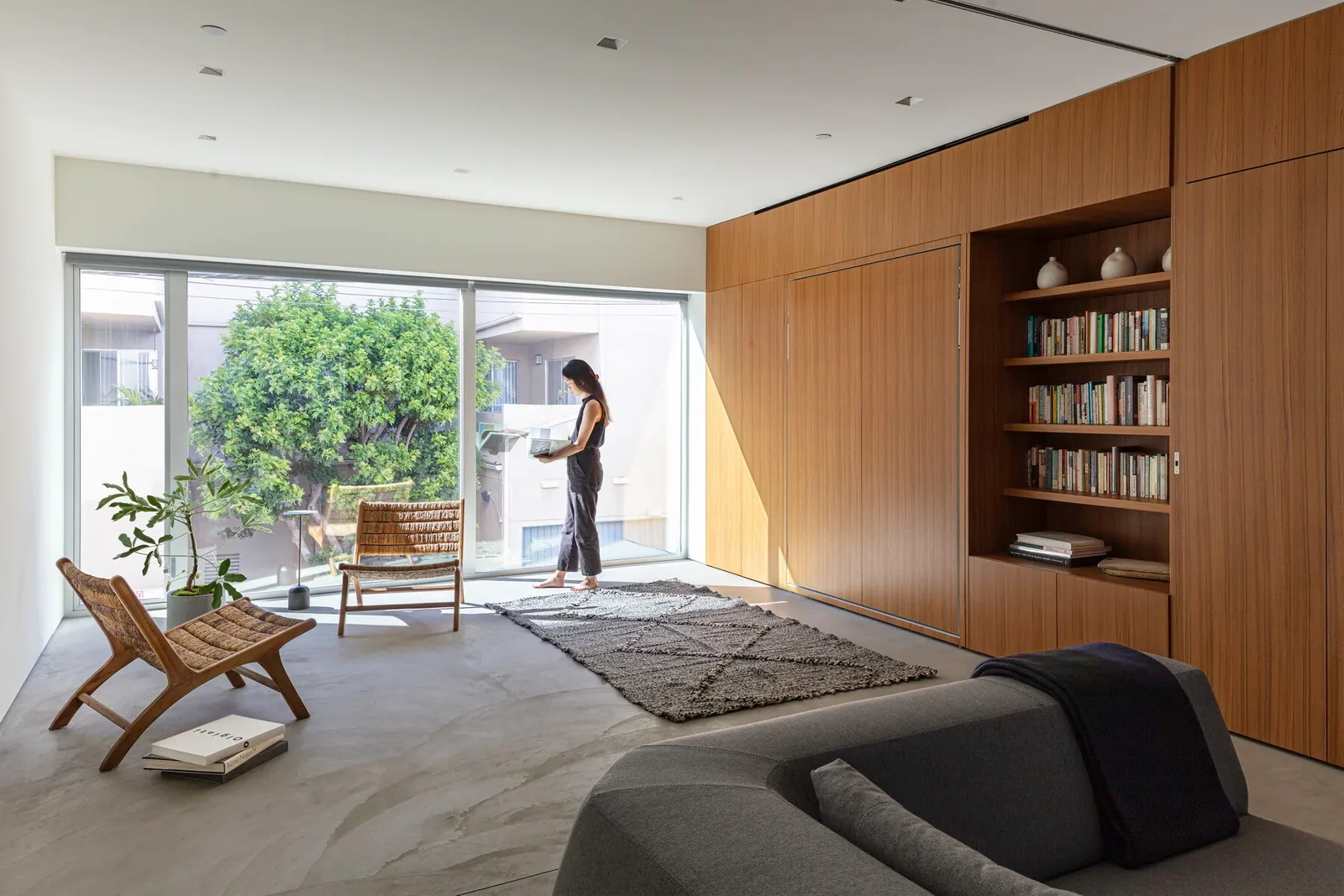 Living room with floor-to-ceiling glazing and built-in wooden cabinetry containing bookshelves.