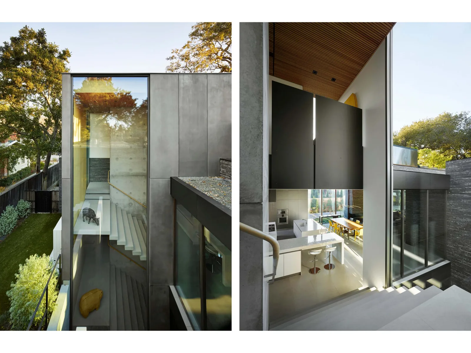 The building features large vertical glass windows and concrete stairways, combining concrete and glass elements in a modern design.