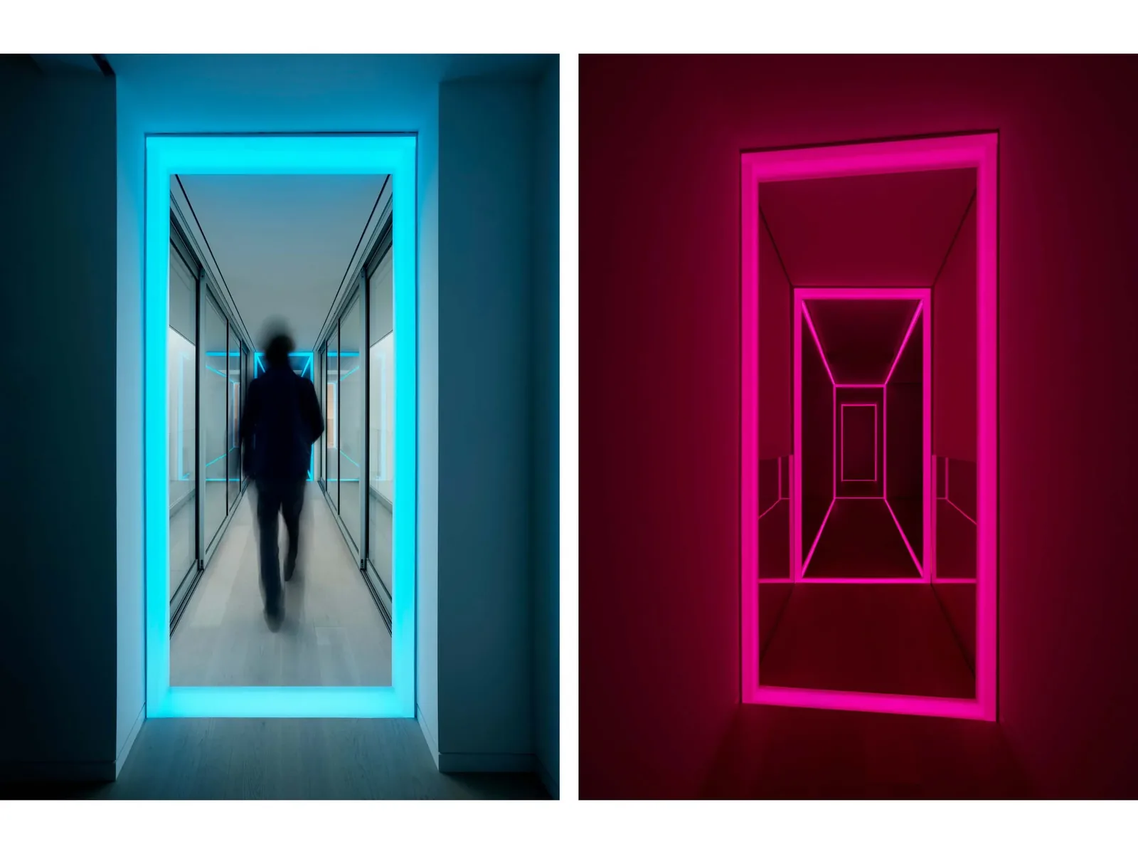 Two illuminated doorways in contrasting blue and pink light showing corridor perspectives.