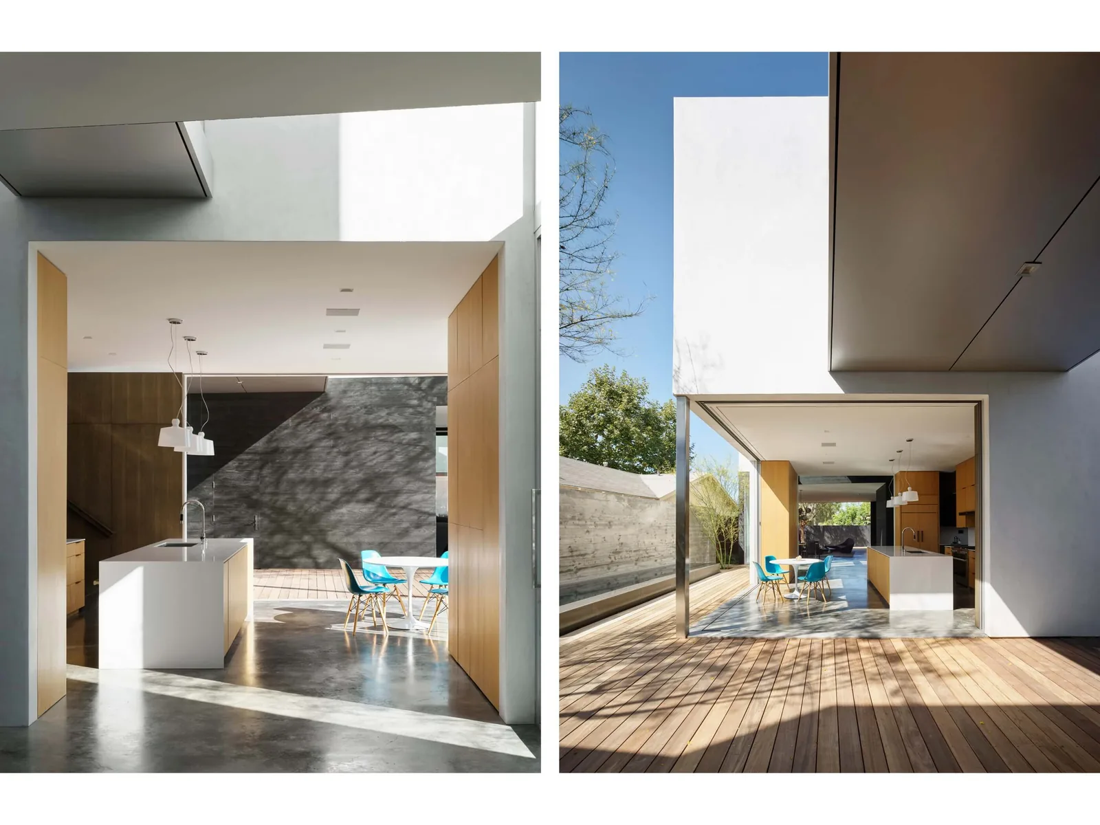 Modern kitchen and dining area with large sliding glass door opening to a wooden deck patio.