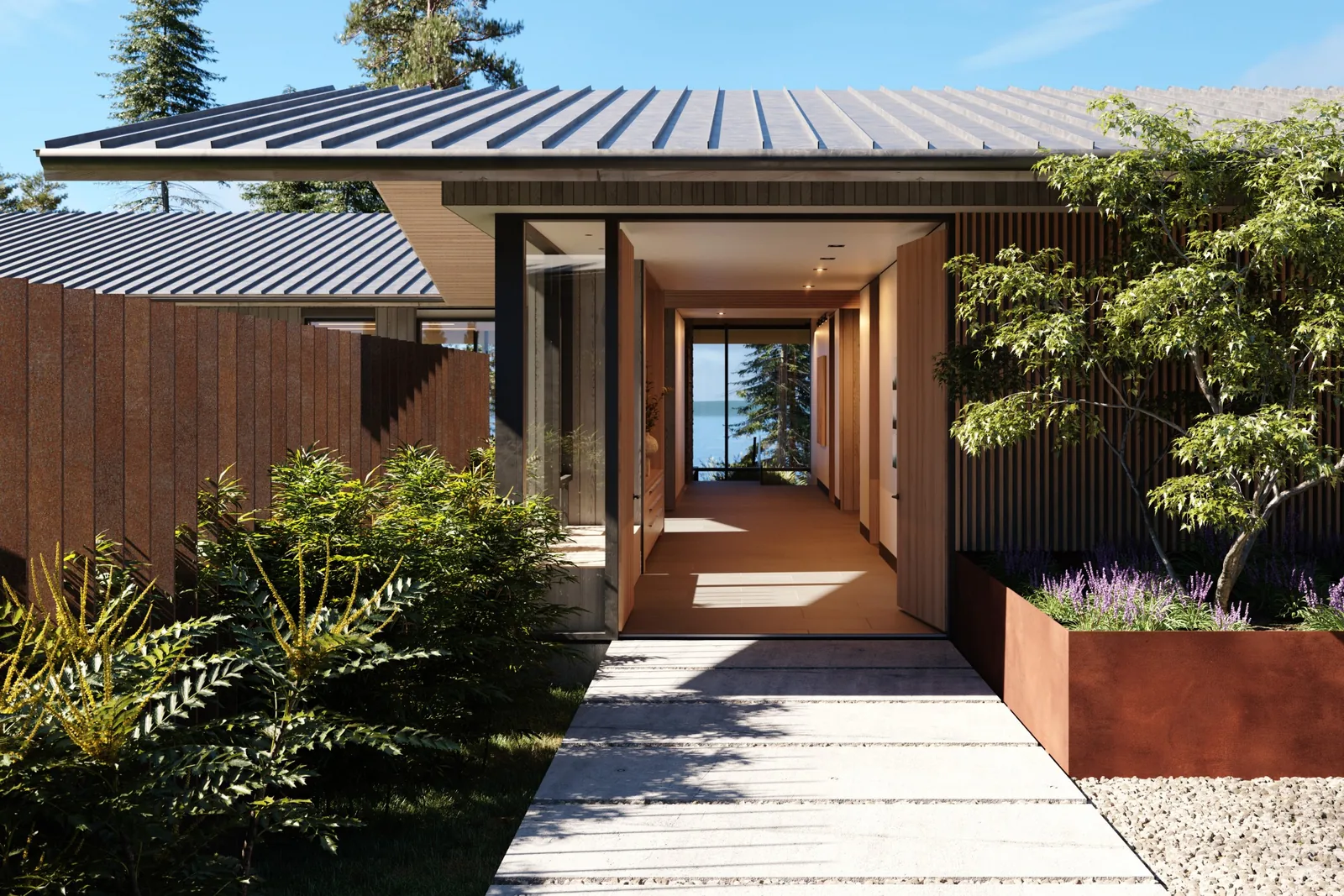 Front entry pathway of a modern home with a metal roof, rust-colored fencing, and landscaped planters.