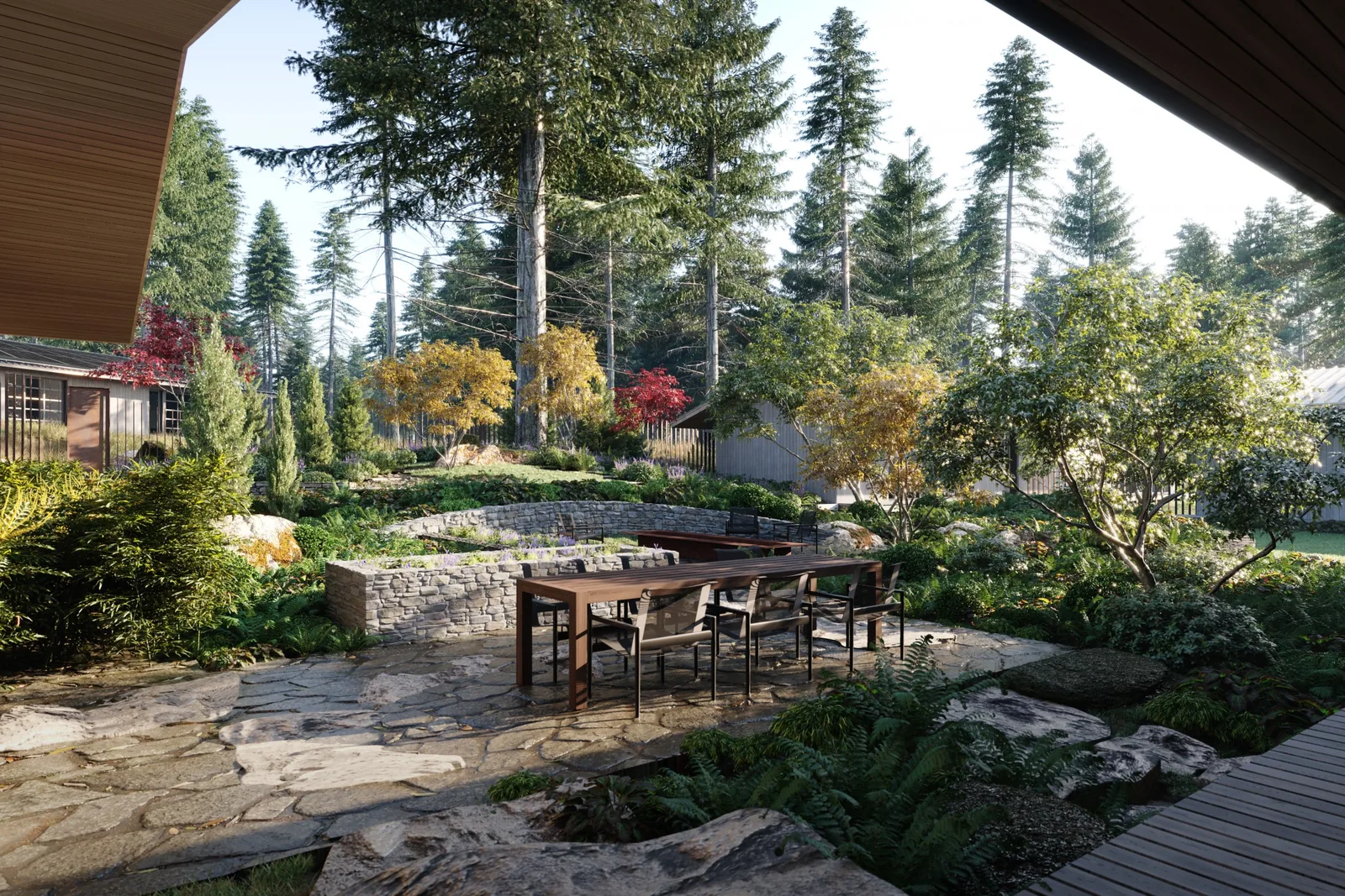 Stone patio with outdoor dining table and chairs set amidst landscaped garden with stone seating wall.
