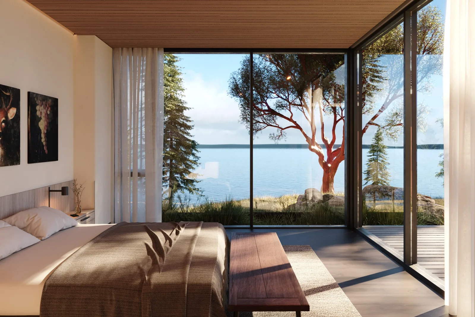 Bedroom with floor-to-ceiling glazing overlooking a waterfront landscape.