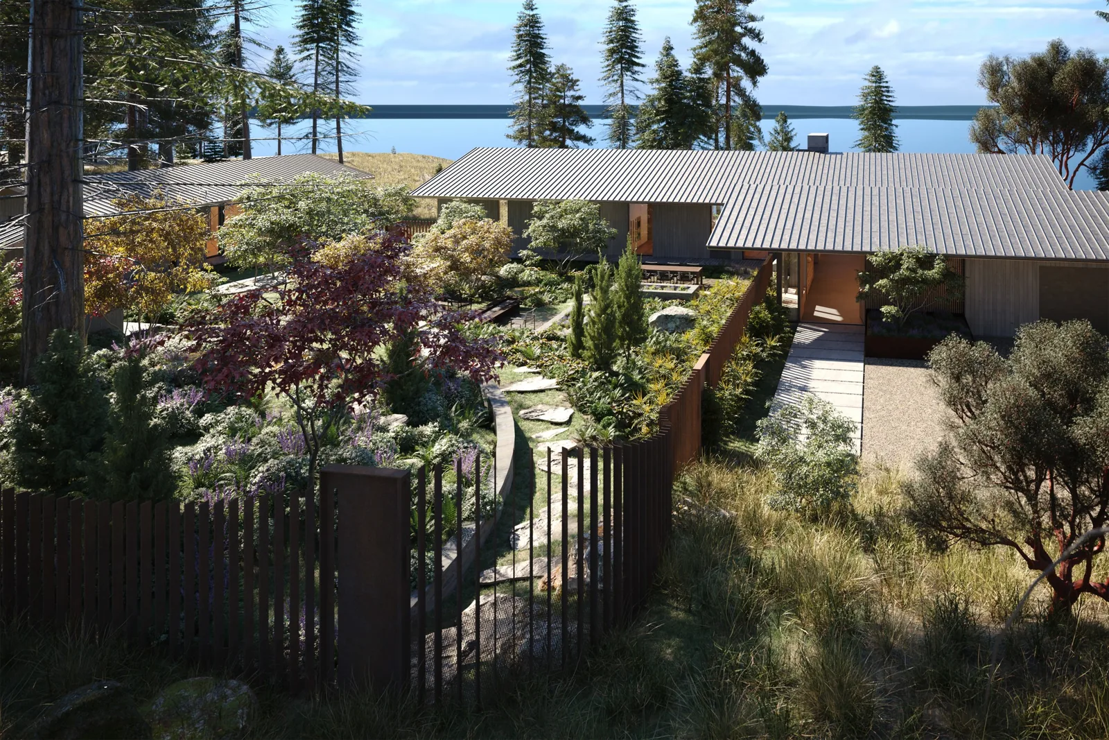 Single-story residential building with flat metal roofs and extensive landscaping in the front yard.