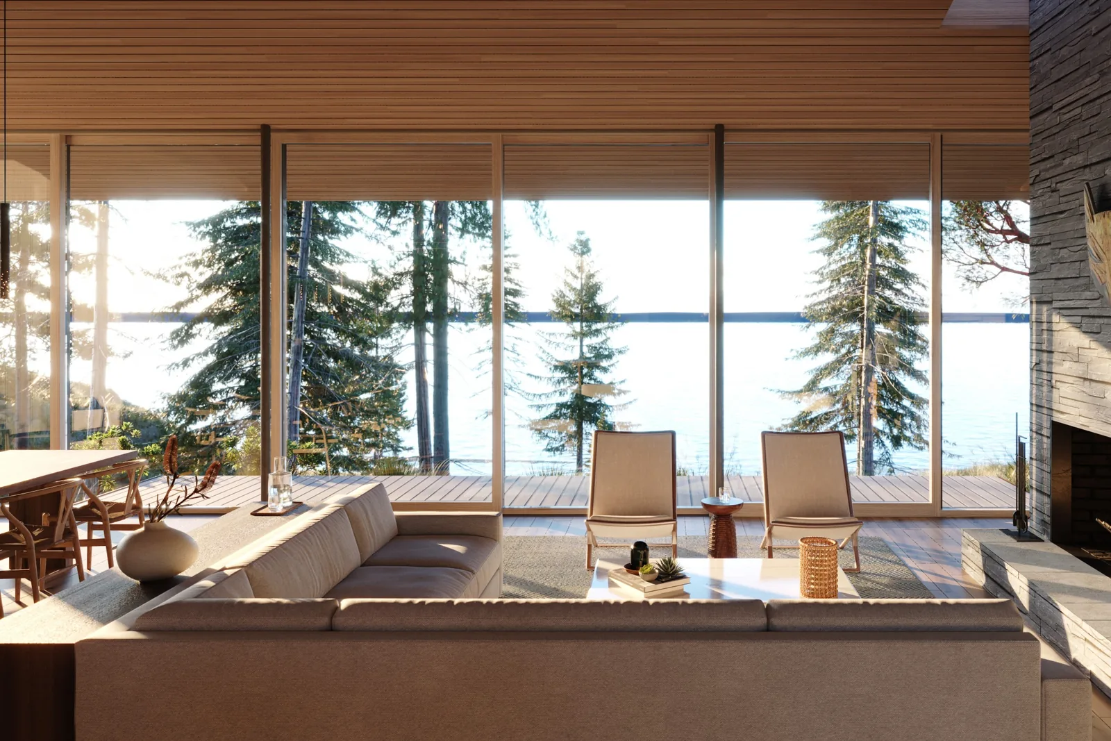 Living room with floor-to-ceiling glass windows overlooking water and trees.